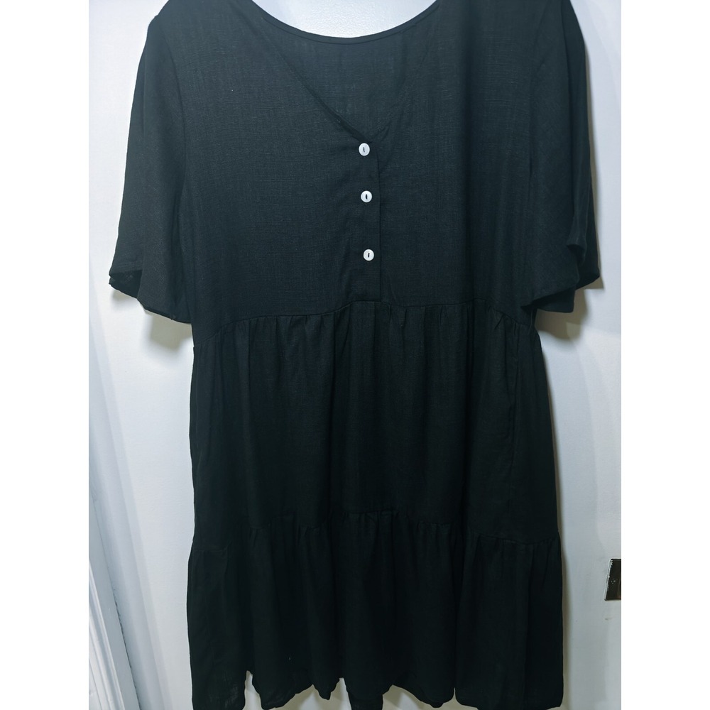 Black flax Blend Tiered Babydoll V-Neck Short Sleeve Pocket Dress M7J300 Small‎
